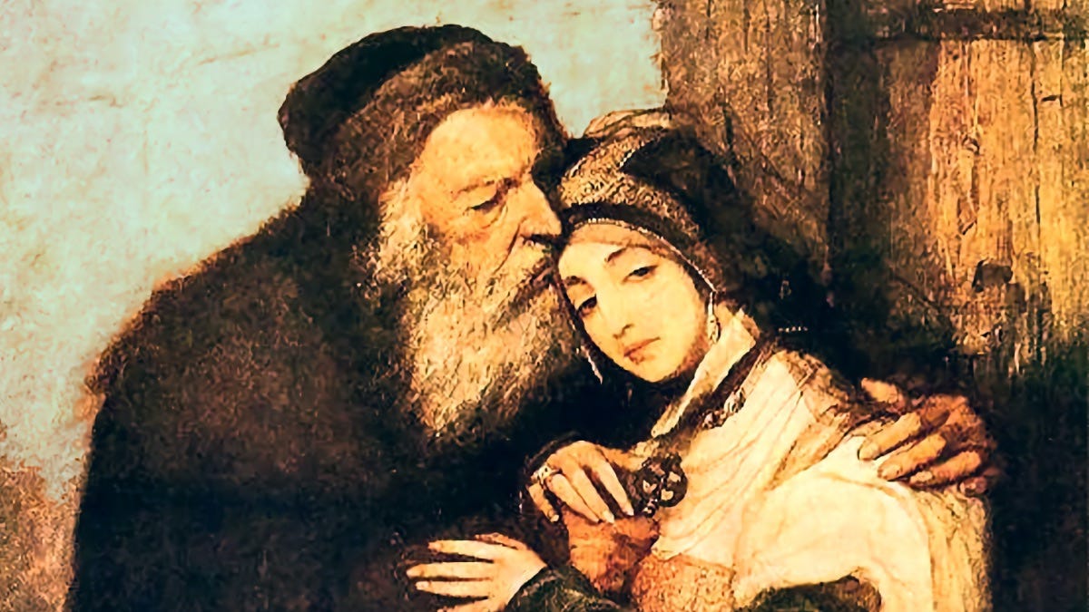 Post cover art A painting of an elderly man with a long white beard embraces a young woman in a headscarf; she looks away somberly while he leans in close, his hand resting gently on her shoulder.