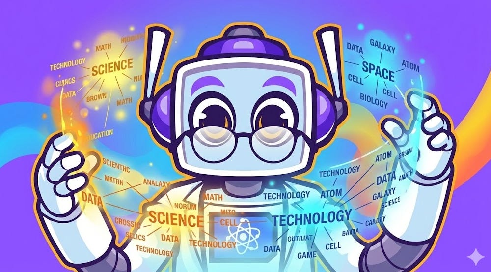A cartoon robot scientist character from Neuralbuddy, wearing a white coat and glasses, interacts with a glowing holographic visualization of clustered word embeddings related to science and technology concepts. A cartoon robot scientist character from Neuralbuddy, wearing a white coat and glasses, interacts with a glowing holographic visualization of clustered word embeddings related to science and technology concepts.