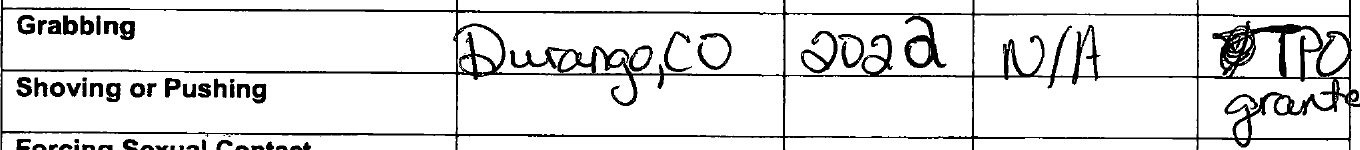 Incident checklist row: Grabbing, Durango CO, 2022, Physical injury: N/A, Police contact: TPO granted Incident checklist row: Grabbing, Durango CO, 2022, Physical injury: N/A, Police contact: TPO granted