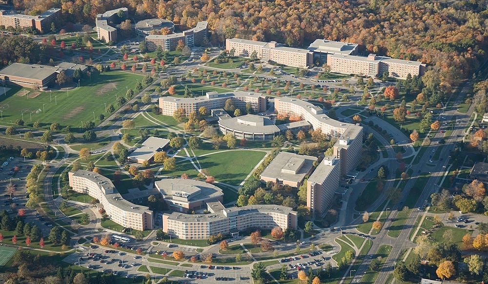 Aerial view of dorm complexes at Michigan State University