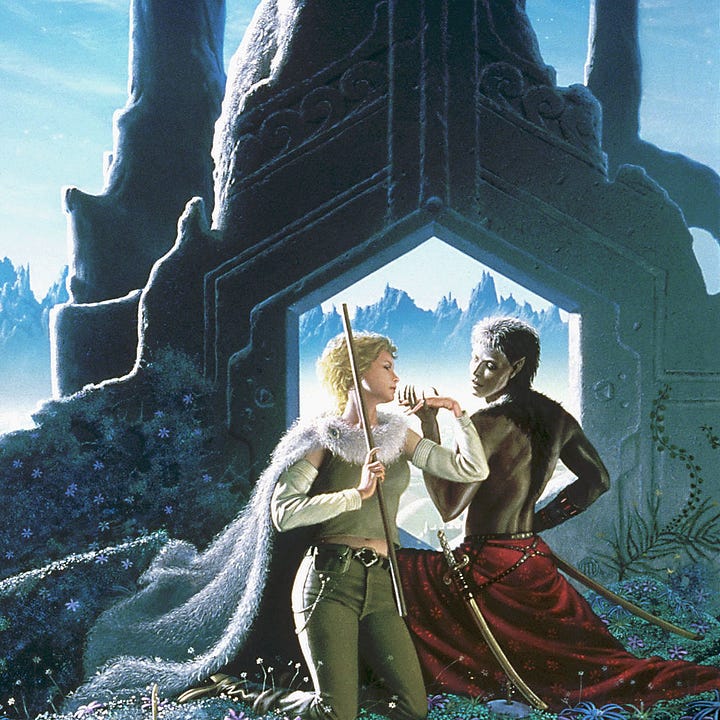 LEFT: Figure detail from GOLDEN WITCHBREED featuring a human female and alien male kneeling shoulder to shoulder as their fingers intertwine. They each press their eyes closed as if they're connecting on a deeper level.  RIGHT: Background detail from GOLDEN WITCHBREED featuring the city in the background filled with a mix of onion domes and flat, crenelated buildings. Beyond are jagged mountains and a spaceship taking off into blue skies.