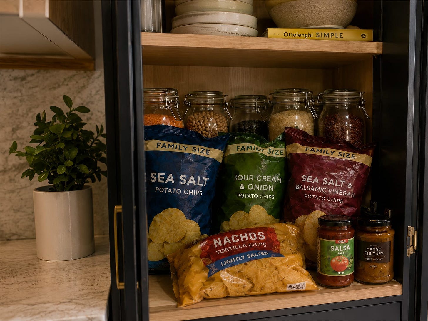 A kitchen cupboard with potato chips, nacho chips and salsa displacing healthy foods. A kitchen cupboard with potato chips, nacho chips and salsa displacing healthy foods.
