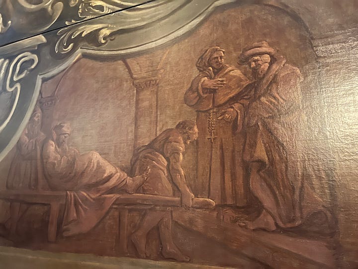 Selections from the cartouches in the Hogarth Stair depicting scenes from the foundation of St Bartholomew's Hospital.