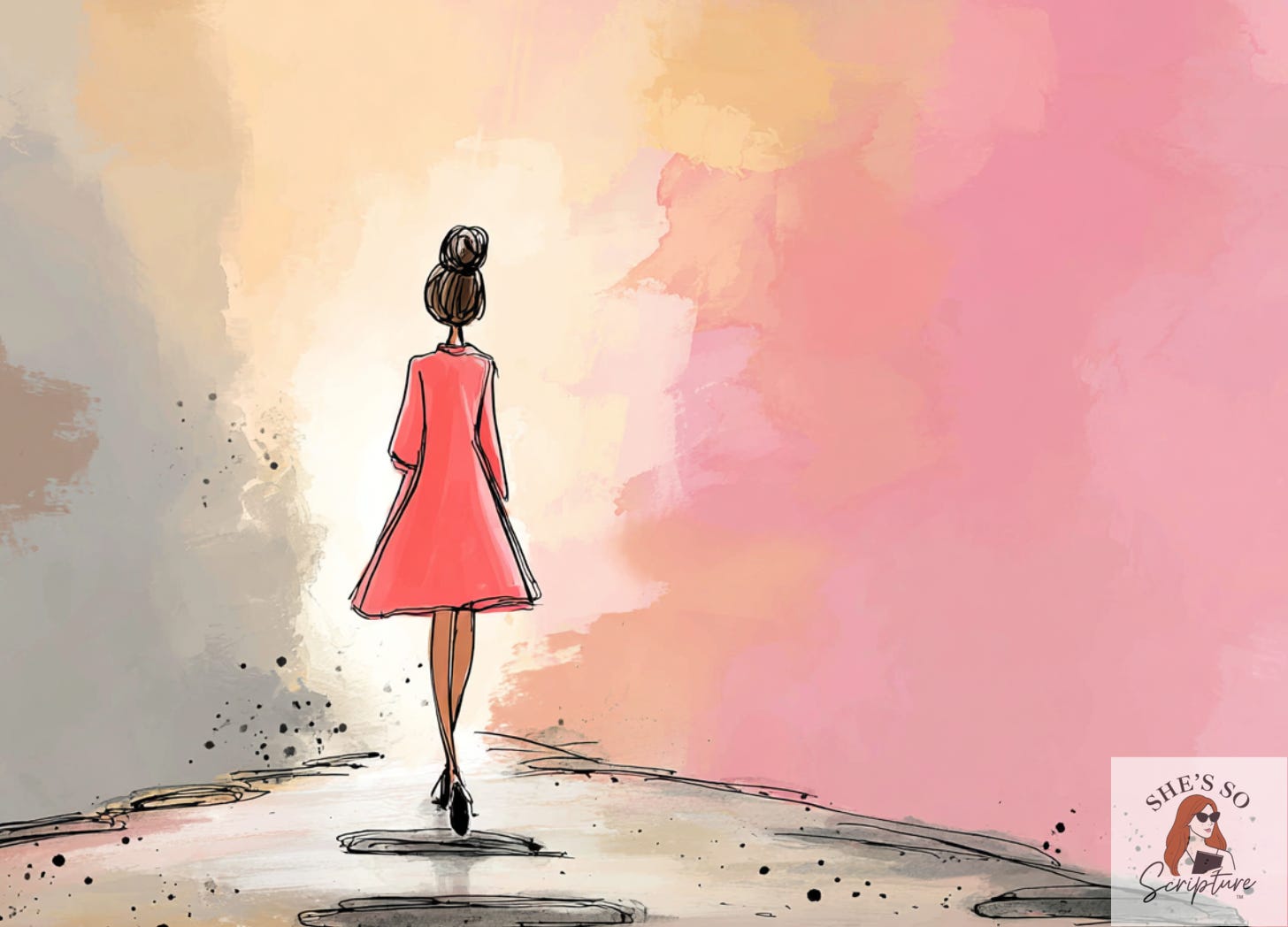 Illustration of a woman in a coral dress walking forward on a softly painted path, surrounded by warm pink and beige watercolor tones, symbolizing trust and movement without full clarity.
