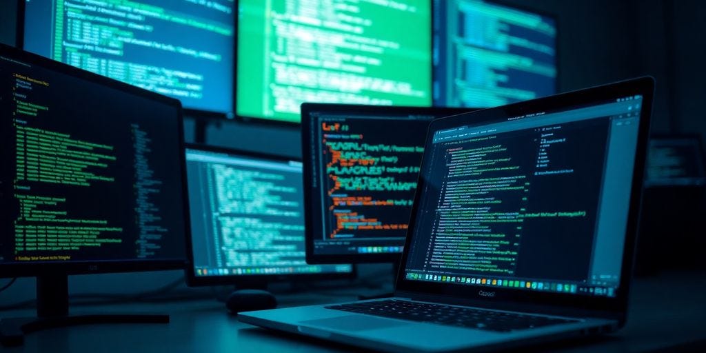 Close-up of a cybersecurity workspace with monitors and laptop.