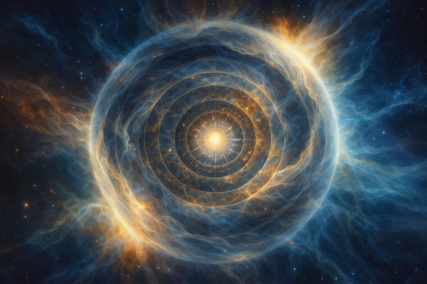 Abstract blue-and-gold artwork with a radiant central light surrounded by layered concentric rings and flowing luminous currents, suggesting a world appearing from within before autobiographical memory or narrated identity.