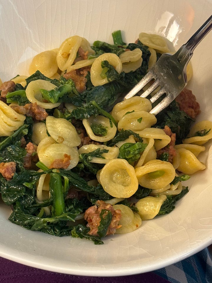 colorful home made meals, salmon, rice pilaf, mushrooms and broccoli rabe and pasta with greens