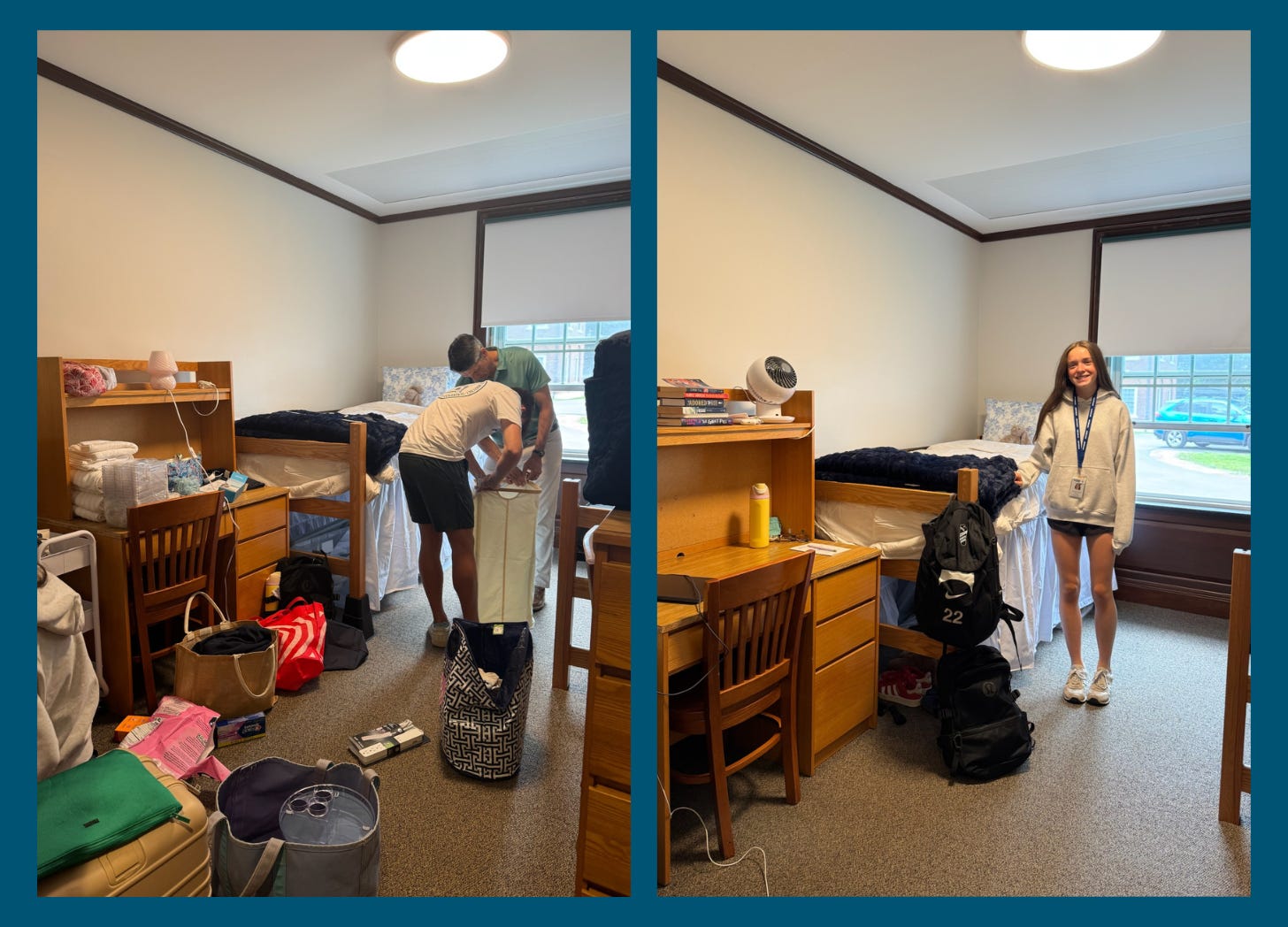 collage of photos setting up Marilee's dorm room