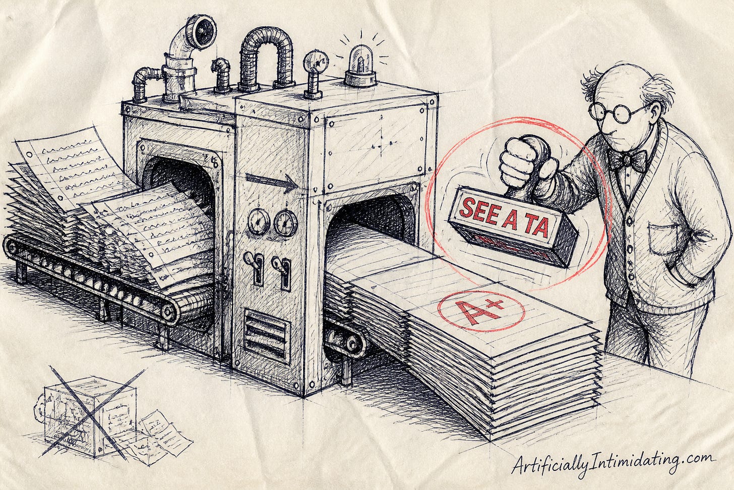 A hand-drawn illustration of a conveyor-belt machine that turns handwritten homework into stacks of perfect A+ papers, as a bow-tied professor stamps them with a SEE A TA rubber stamp instead of grading them. A hand-drawn illustration of a conveyor-belt machine that turns handwritten homework into stacks of perfect A+ papers, as a bow-tied professor stamps them with a SEE A TA rubber stamp instead of grading them.