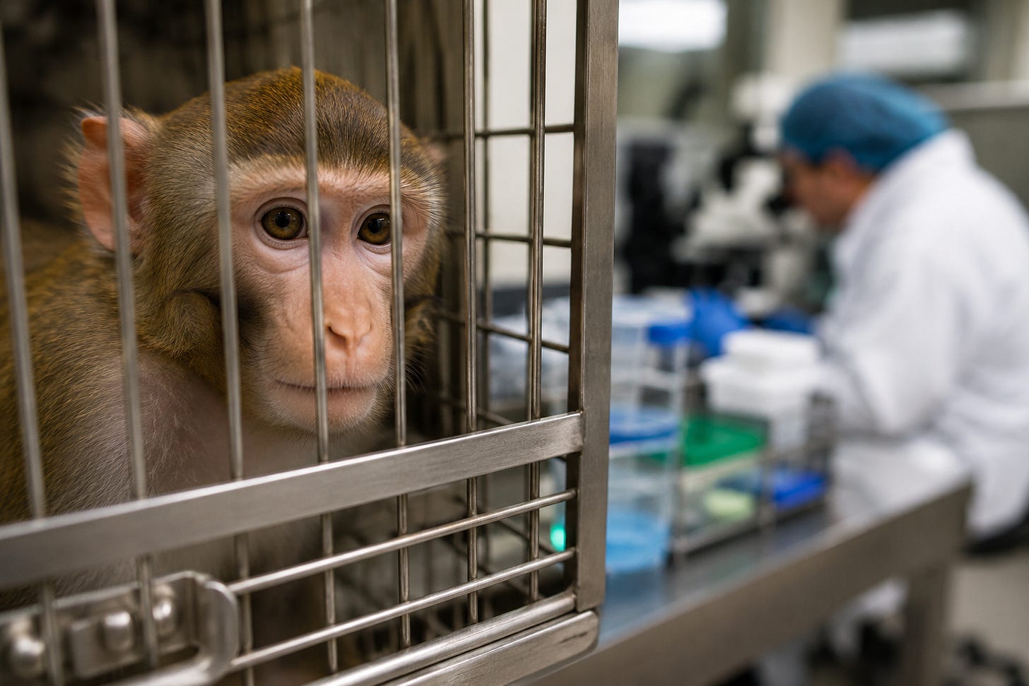 Close-up of a macaque behind metal enclosure bars in a laboratory setting, with a researcher in protective clothing working with scientific equipment in the blurred background. The image represents the ethical and scientific debate surrounding primate research and emerging alternatives to animal testing.