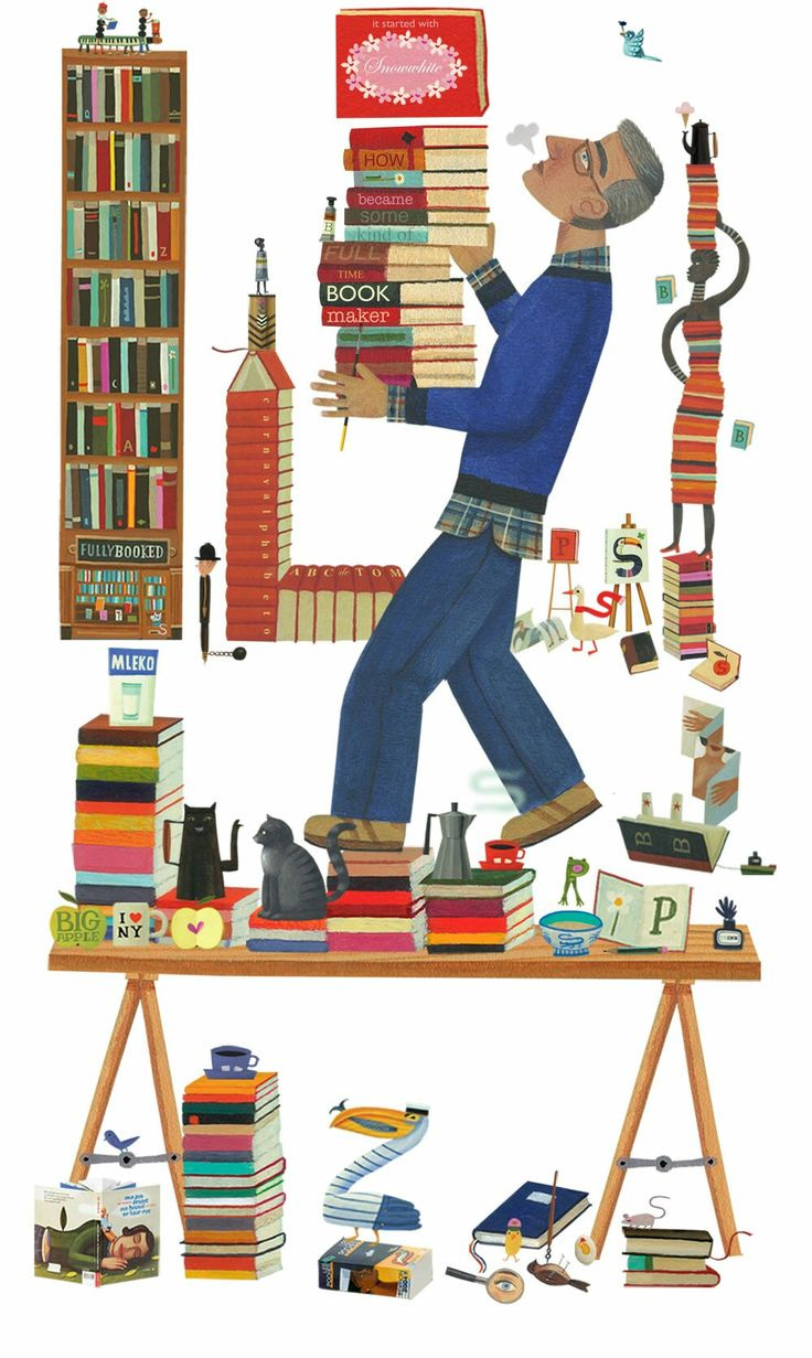 #descrevemospravocê  Ilustração colorida, divertida e detalhada que mostra um homem alto, de cabelos grisalhos e óculos, vestindo camisa xadrez e suéter azul. Ele caminha equilibrando uma enorme pilha de livros nos braços, com expressão concentrada e um lápis na boca. A imagem está repleta de objetos e personagens montados a partir de livros empilhados, compondo uma cena caótica e encantadora de amor pelos livros.  À esquerda, uma estante repleta de livros tem uma plaquinha com a palavra “Fullybooked”. Mais adiante, livros formam uma torre em formato de lápis e também compõem o contorno da letra “L”. Gatos, xícaras de café, brinquedos, quadros, letras e objetos variados se misturam ao cenário. Um gato preto e outro cinza estão sentados sobre pilhas de livros; xícaras, chaleiras e até um copo de leite com a palavra “MLEKO” estão sobre os livros. No canto inferior, um cavalete sustenta a composição, como se fosse uma mesa repleta de elementos literários e de escrita.  O fundo é branco, o que destaca ainda mais as cores vibrantes dos livros e objetos. O estilo da ilustração é plano, com traços limpos e visual lúdico. As palavras e letras aparecem espalhadas em livros, caixas e quadros, como parte do cenário. A ilustração transmite a sensação de que o mundo da leitura está vivo, se movimenta e ocupa todos os espaços com criatividade.