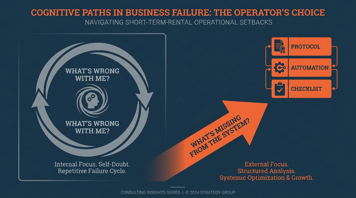 Editorial split-screen — the closed "What's wrong with me?" loop versus the forward "What's missing from the system?" path into modular systems.
