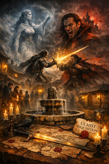 Cinematic illustration of What Greegan Learns montage showing Ireena’s sacrifice, Strahd’s rage, Sun Sword battle, and Barovia’s aftermath