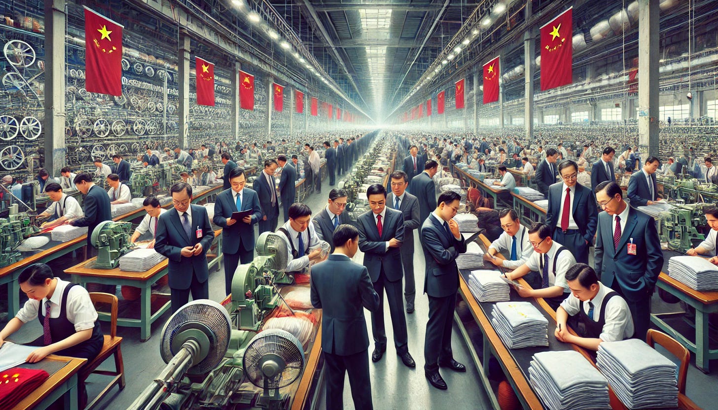 A wide aspect ratio image of Chinese politicians examining the Chinese garments industry. The scene shows a group of politicians in formal attire, intently observing the operations within a bustling garments factory. The factory is filled with modern machinery, stacks of fabric, and assembly lines. Some politicians are taking notes, while others are engaged in discussions. In the background, workers are diligently spinning yarn and producing t-shirts and shirts. The atmosphere is serious and focused, conveying the politicians' intent to devise policies for global domination. The overall scene is dynamic, capturing both the industrious nature of the factory and the strategic planning of the politicians.