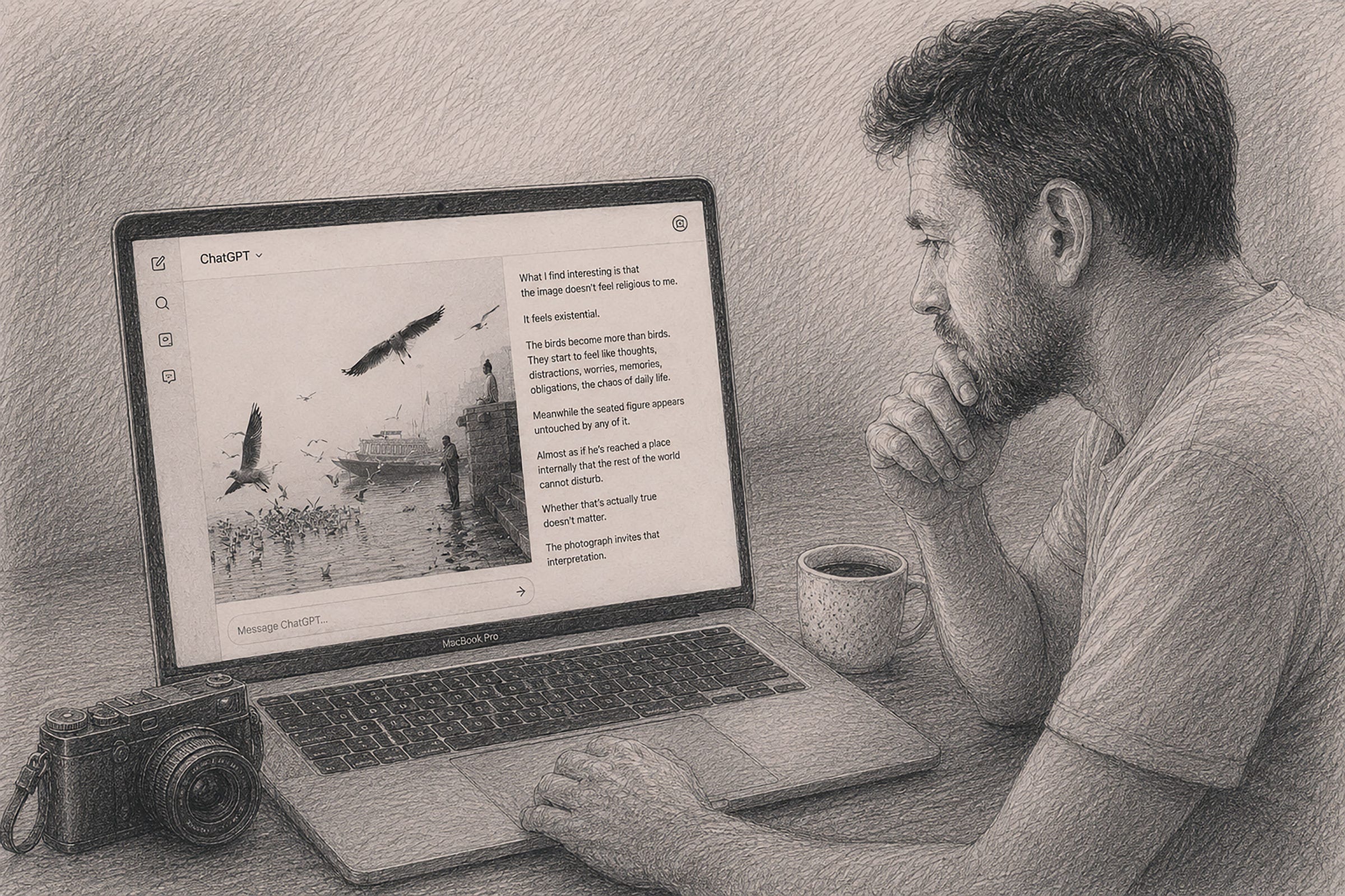 A man sits at a desk with a camera, coffee cup, and a laptop. The laptop screen displays a conversation with ChatGPT and an image of birds flying near a boat on the water. The man looks thoughtful and rests his chin on his hand.