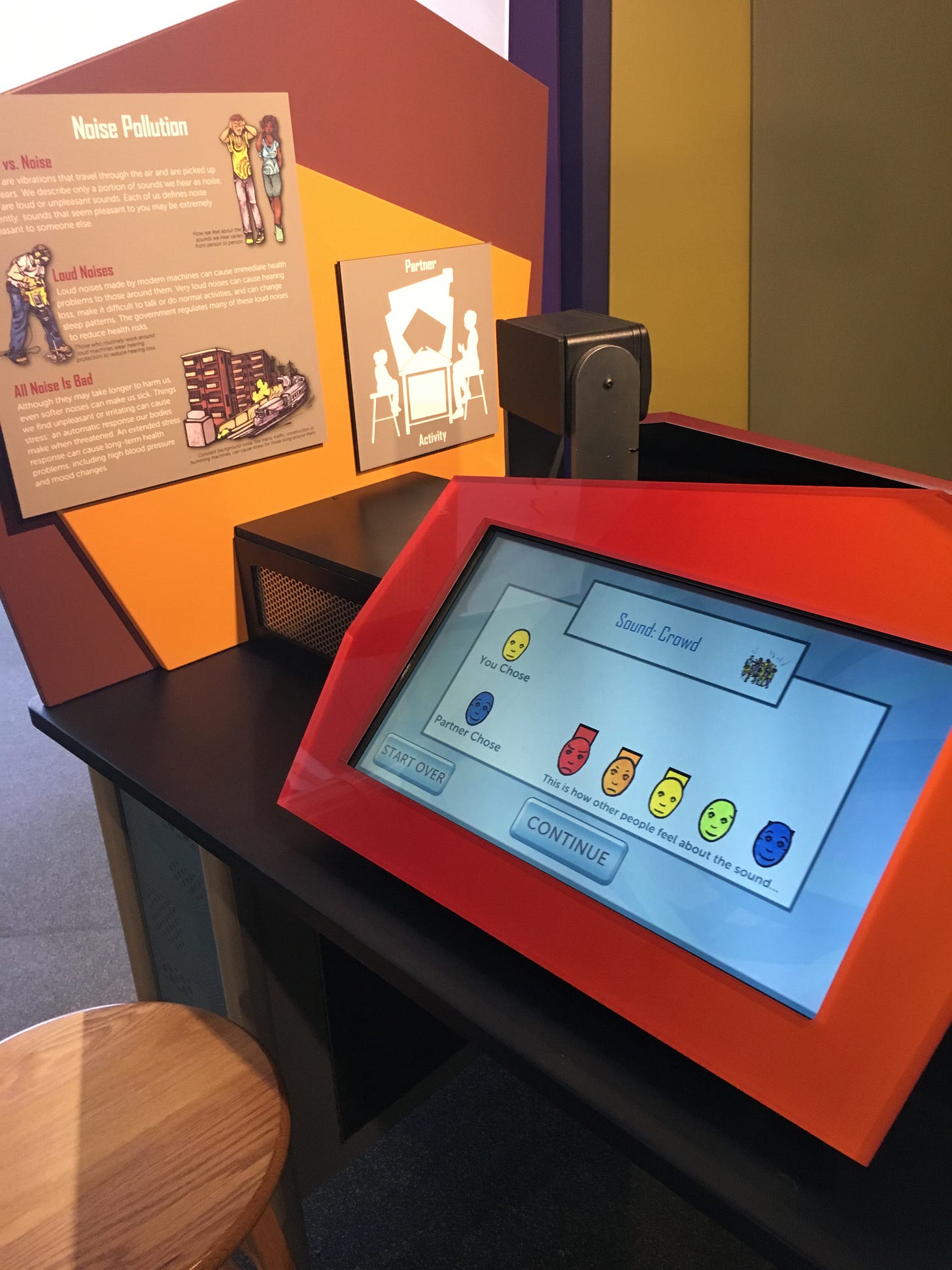 The interactive called Noise Pollution, showing a computer screen of cartoon faces ranging from happy to miserable.