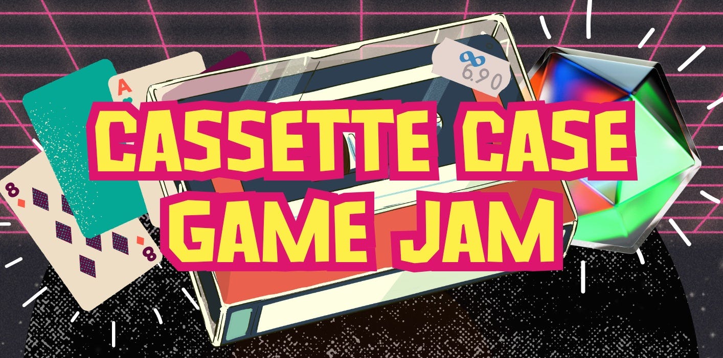 Logo for the Cassette Case Game Jam featuring a colorful drawing of a cassette case and playing cards.