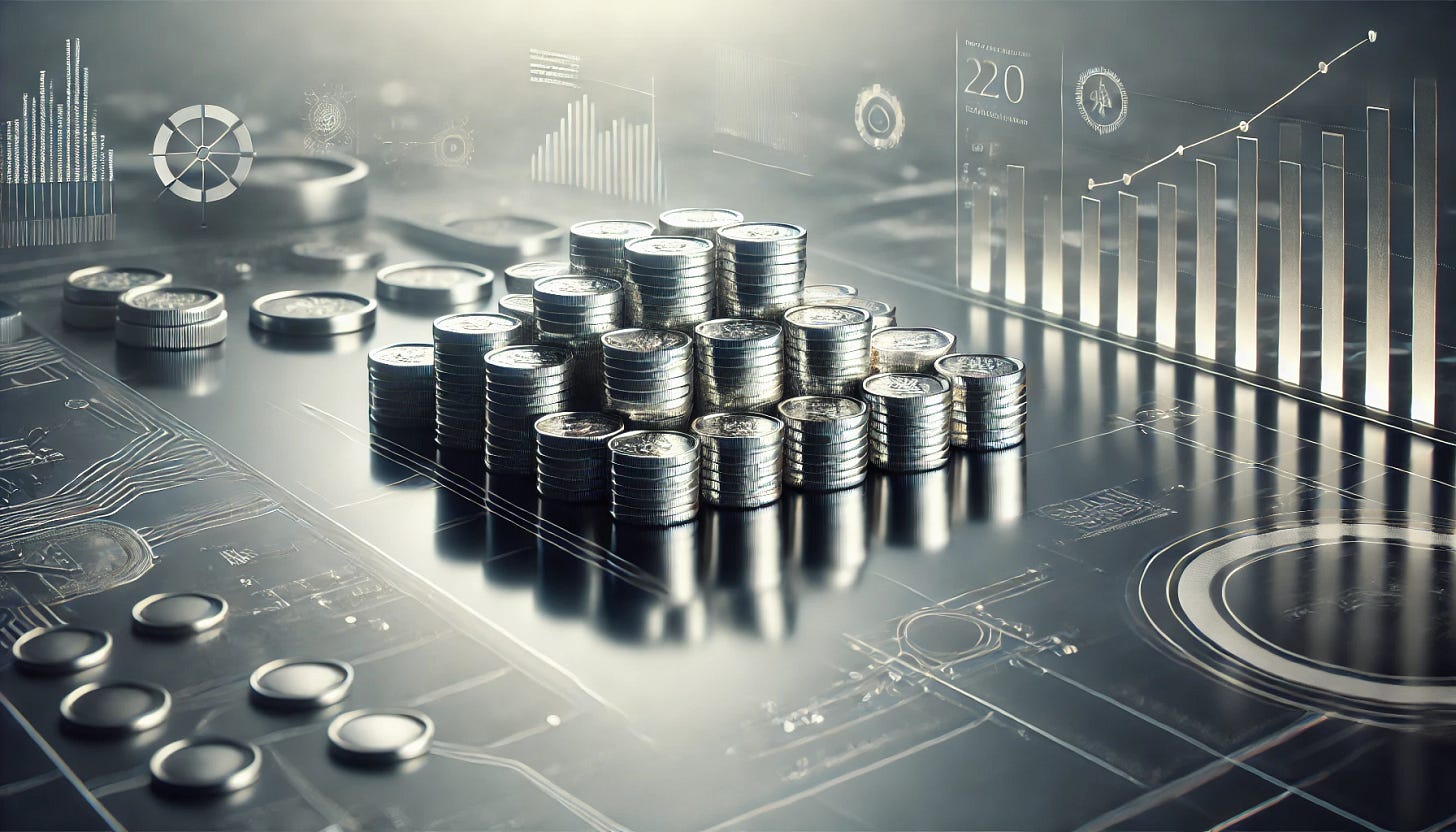 A formal, high-quality digital image designed for an investor newsletter. The scene features neatly arranged, polished silver lingots on a clean, dark reflective surface. The background is subtle and elegant: on the left side, minimalistic representations of industry with soft outlines of gears and circuits, and on the right side, faint, refined financial graphs and lines, all in muted tones. The overall aesthetic is sophisticated and professional, with balanced, controlled lighting that emphasises the silver's clarity and prestige, embodying its dual role as an industrial metal and a stable investment asset.