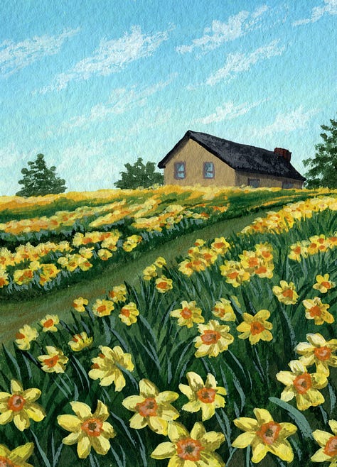 Painting 1:  A flower meadow landscape, Painting 2: A stone cottage surrounded by spring foliage, Painting 3: A field of daffodils with a brown cottage in the background