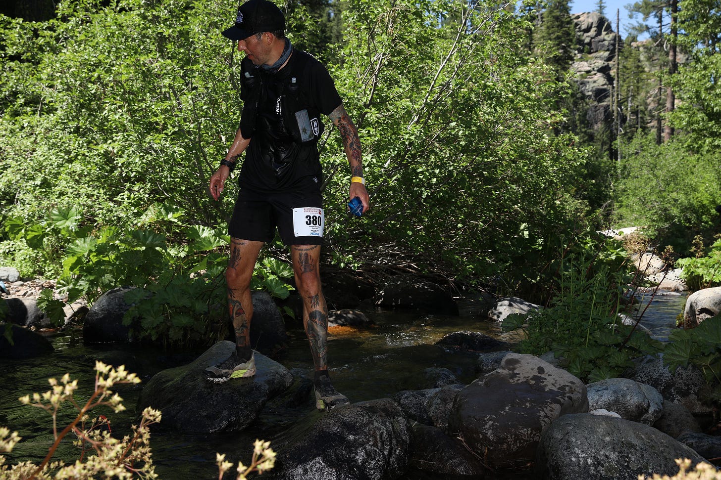 The author running Western States, sweating and disorientated