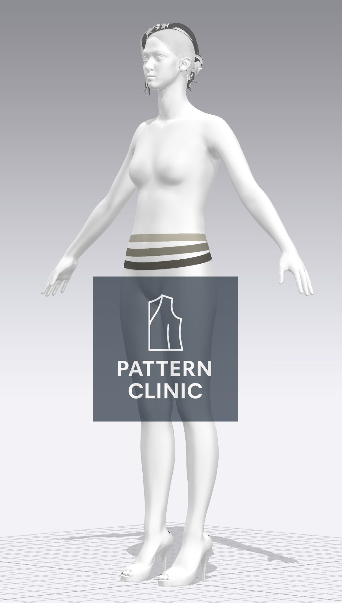 A 3D female avatar in an A-pose against a neutral background, shown three-quarter front view, with three bands around the waist/hip—light (high), medium (mid), dark (low)—representing waistline reference curves to visualize how angle and curvature differ by wearing position.