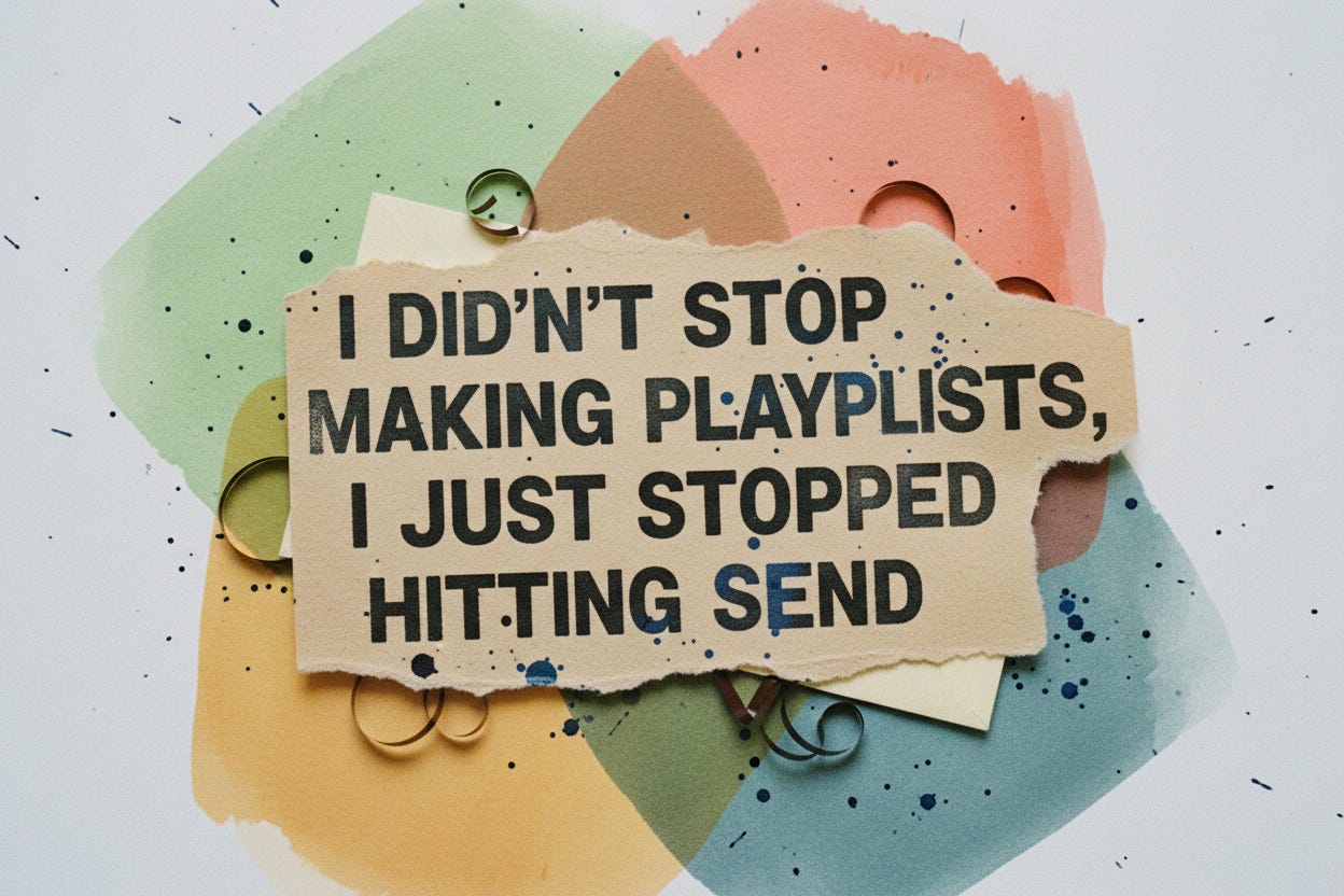 "I Didn't Stop Making Playlists, I Just Stopped Hitting Send" — risograph/zine-style typography]