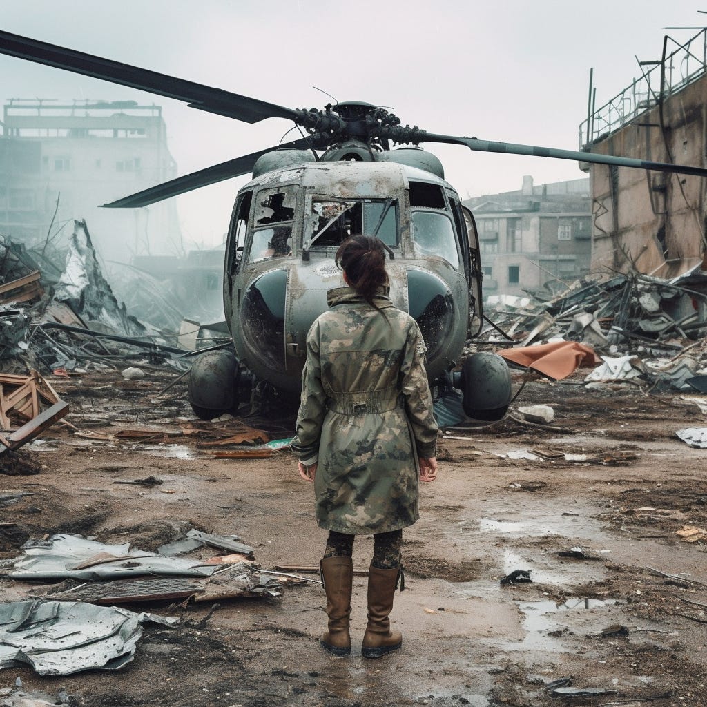 A female soldier stands in front of the wreckage of a military helicopter. A female soldier stands in front of the wreckage of a military helicopter.