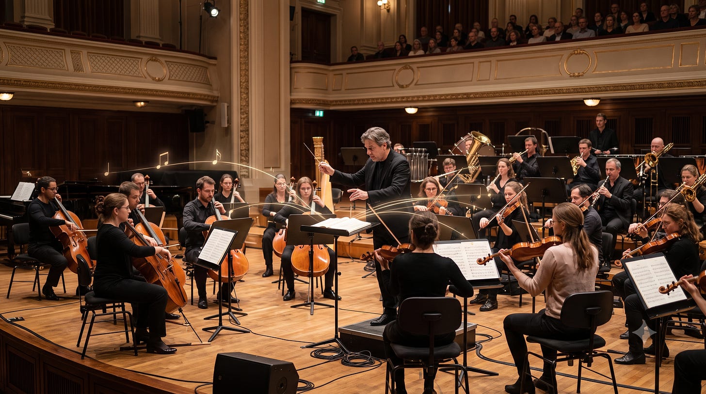 An orchestra rehearsing with glowing lines connecting musicians to a conductor on a golden stage. An orchestra rehearsing with glowing lines connecting musicians to a conductor on a golden stage.