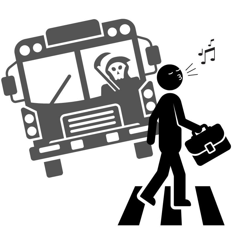 Whistling Man about to be hit by bus driven by grim reaper