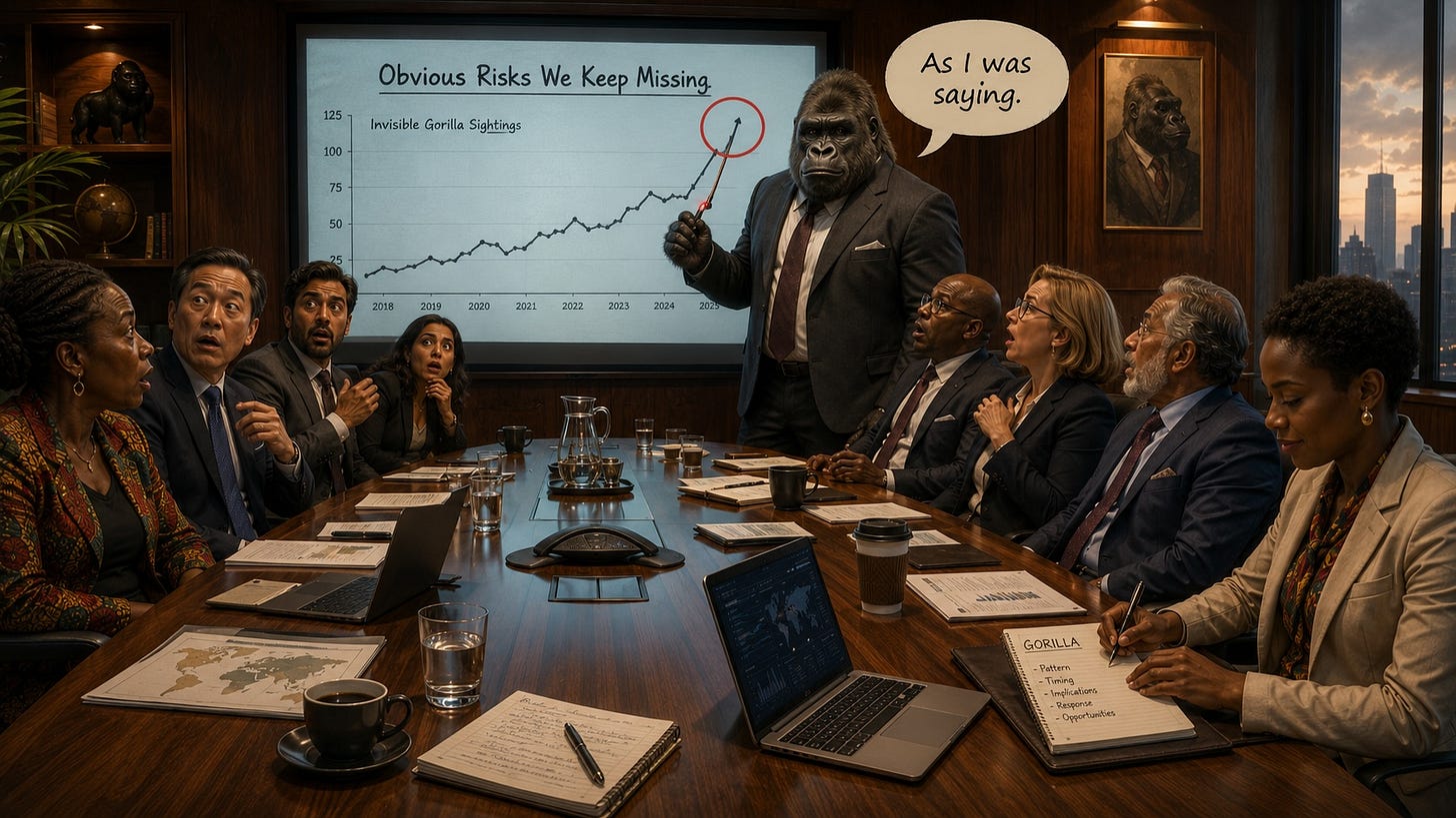 A cinematic corporate boardroom rendered in painterly digital realism. At the front of the room, a large gorilla in a tailored business suit stands confidently beside a projection screen, using a laser pointer to highlight a dramatic spike on a chart titled “Obvious Risks We Keep Missing.” A speech bubble above the gorilla reads, “As I was saying.” Around a long walnut conference table, a diverse group of executives from different backgrounds stare in astonishment, as if they have only just realised who has been presenting. Coffee cups, laptops, reports, and notebooks are scattered across the table. Only one executive remains calm, quietly taking notes in a notebook headed “GORILLA,” suggesting they noticed the obvious long before everyone else. A cinematic corporate boardroom rendered in painterly digital realism. At the front of the room, a large gorilla in a tailored business suit stands confidently beside a projection screen, using a laser pointer to highlight a dramatic spike on a chart titled “Obvious Risks We Keep Missing.” A speech bubble above the gorilla reads, “As I was saying.” Around a long walnut conference table, a diverse group of executives from different backgrounds stare in astonishment, as if they have only just realised who has been presenting. Coffee cups, laptops, reports, and notebooks are scattered across the table. Only one executive remains calm, quietly taking notes in a notebook headed “GORILLA,” suggesting they noticed the obvious long before everyone else.