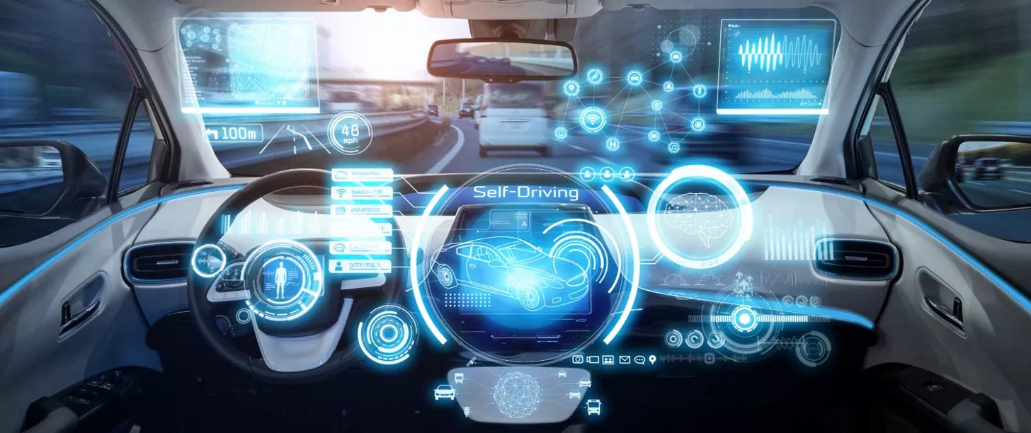 A  futuristic self driving car dashboard with holographic overlays.