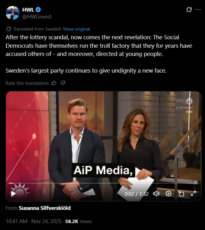 Ruotsalaisessa sosiaalisessa mediassa asiaa käsitellään laajemmin kuin maan valtavirran lehdistö sallii, sillä jokainen ovat jollain tavalla tekemisissä SDP:n trollitehtaiden ja vaikutusvallan kanssa. Ruotsalaisessa sosiaalisessa mediassa asiaa käsitellään laajemmin kuin maan valtavirran lehdistö sallii, sillä jokainen ovat jollain tavalla tekemisissä SDP:n trollitehtaiden ja vaikutusvallan kanssa.