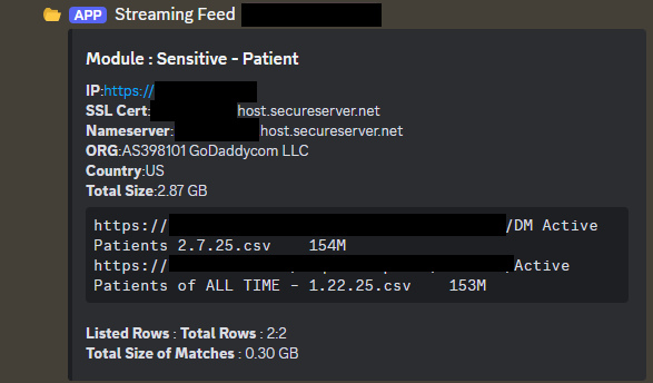 The alert shows a couple of files on the exposed server matched the string 'patient' in the filename.