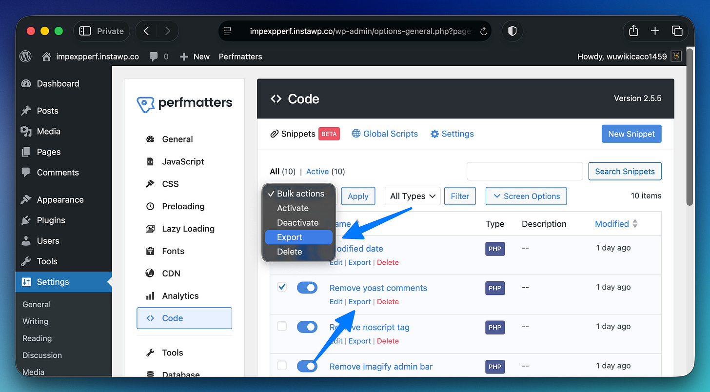 Export code snippets individually or using bulk method Export code snippets individually or using bulk method