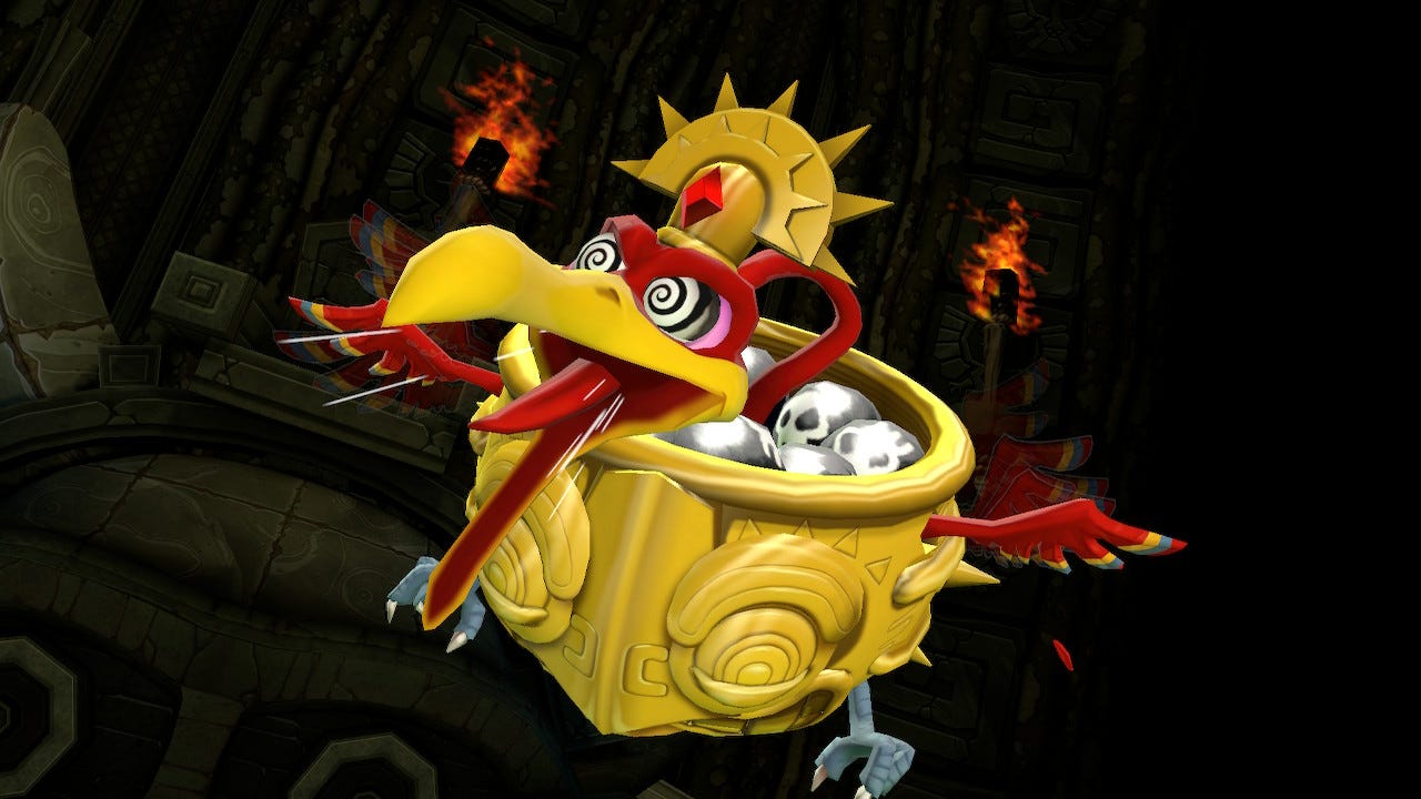 a screeching red bird inside of a yellow pot. The bird is hovering in midair and its talons are poking from the bottom of the pot.