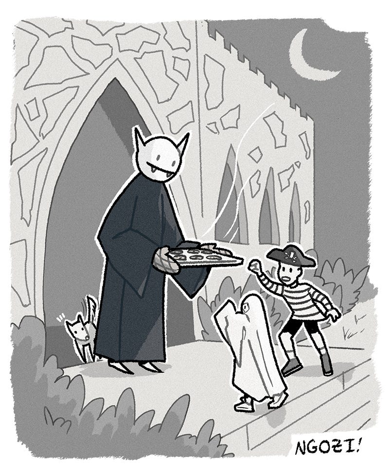 Ngozi's drawing of Frederick offering the neighborhood kids chocolate chip cookies on Halloween