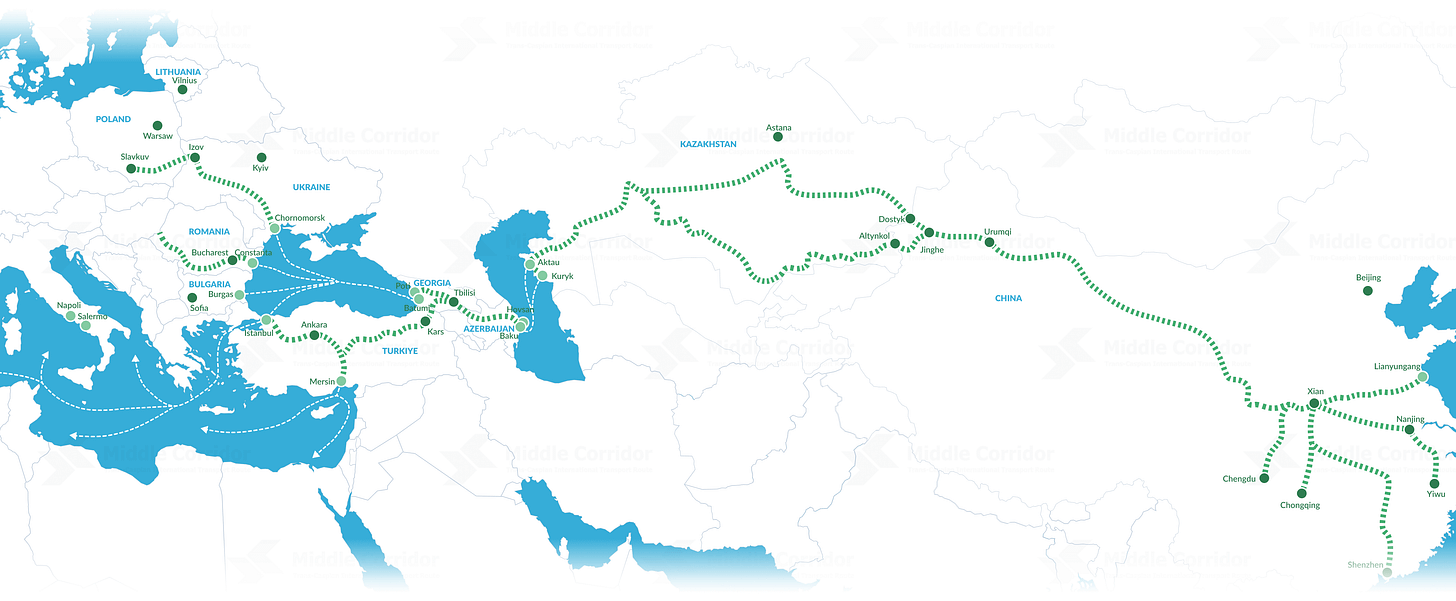 A panoramic view of the Middle Corridor Trade Route which runs from Europe through Turkey through the Zangezur Corridor to Central Asia and then China. A panoramic view of the Middle Corridor Trade Route which runs from Europe through Turkey through the Zangezur Corridor to Central Asia and then China.