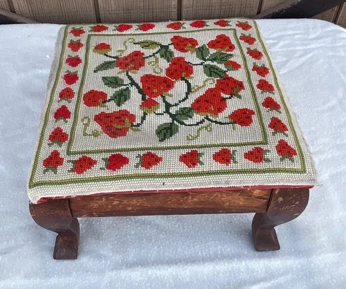 Vintage Foot Stool Strawberry Needlepoint Wooden Frame/Legs - Picture 1 of 7