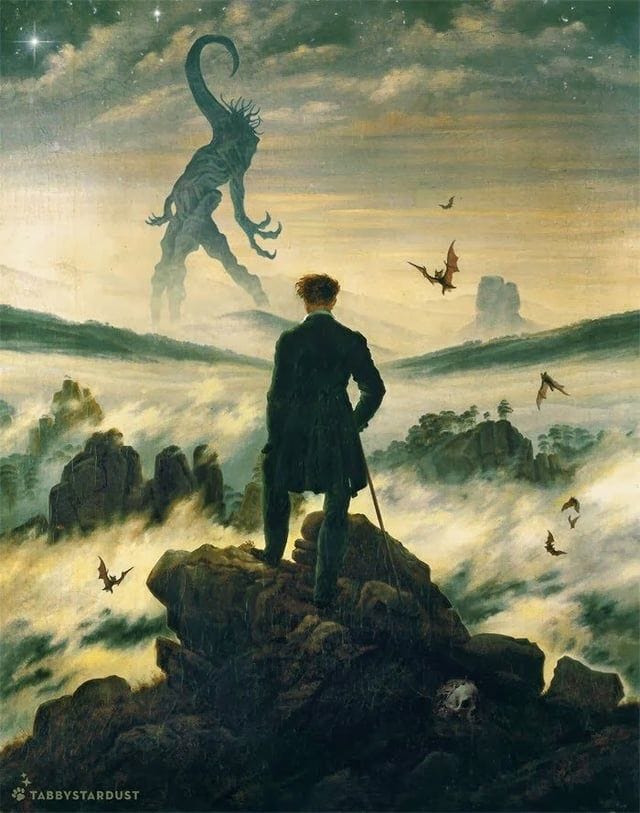 r/Lovecraft - Versión lovecraftiana del "Caminante sobre un mar de niebla" de Caspar David Friedrich