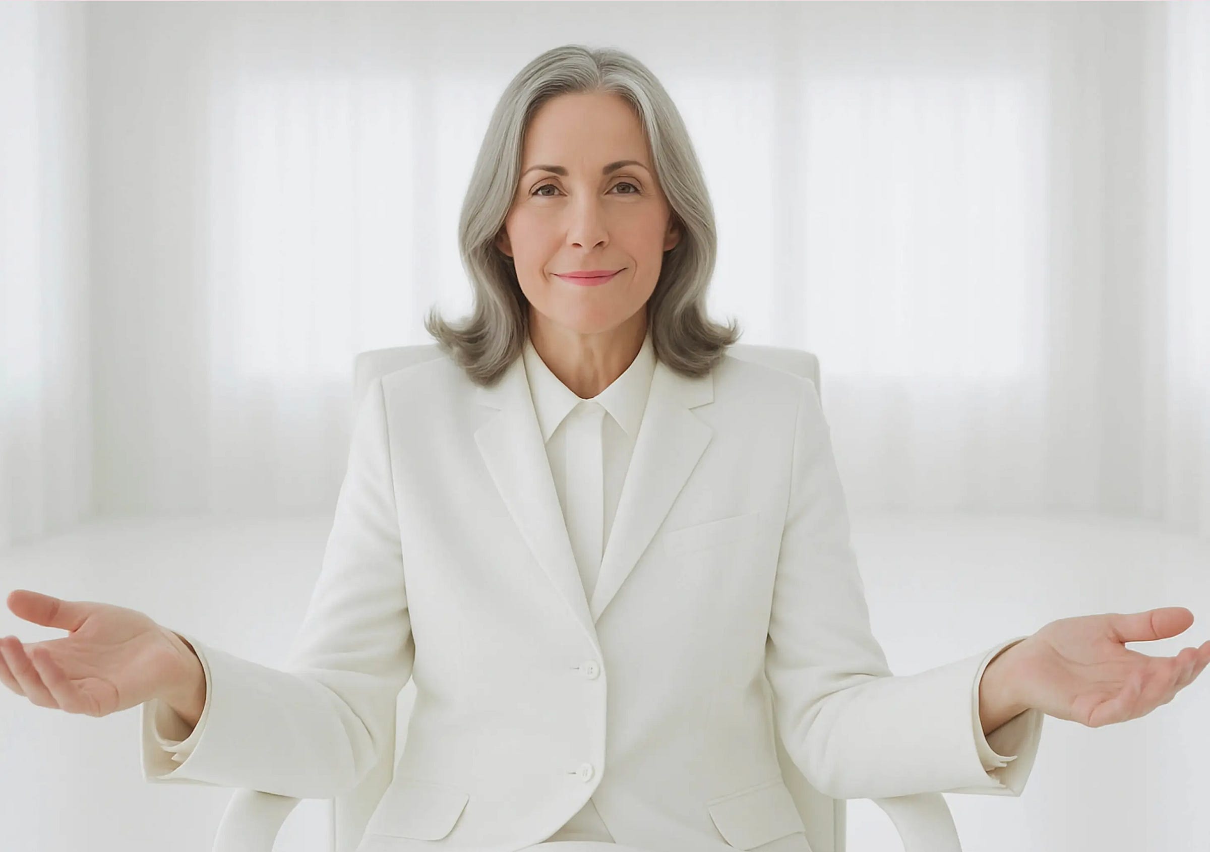 woman with grey hair in a wide room sitting in the void like the system administrator of the matrix