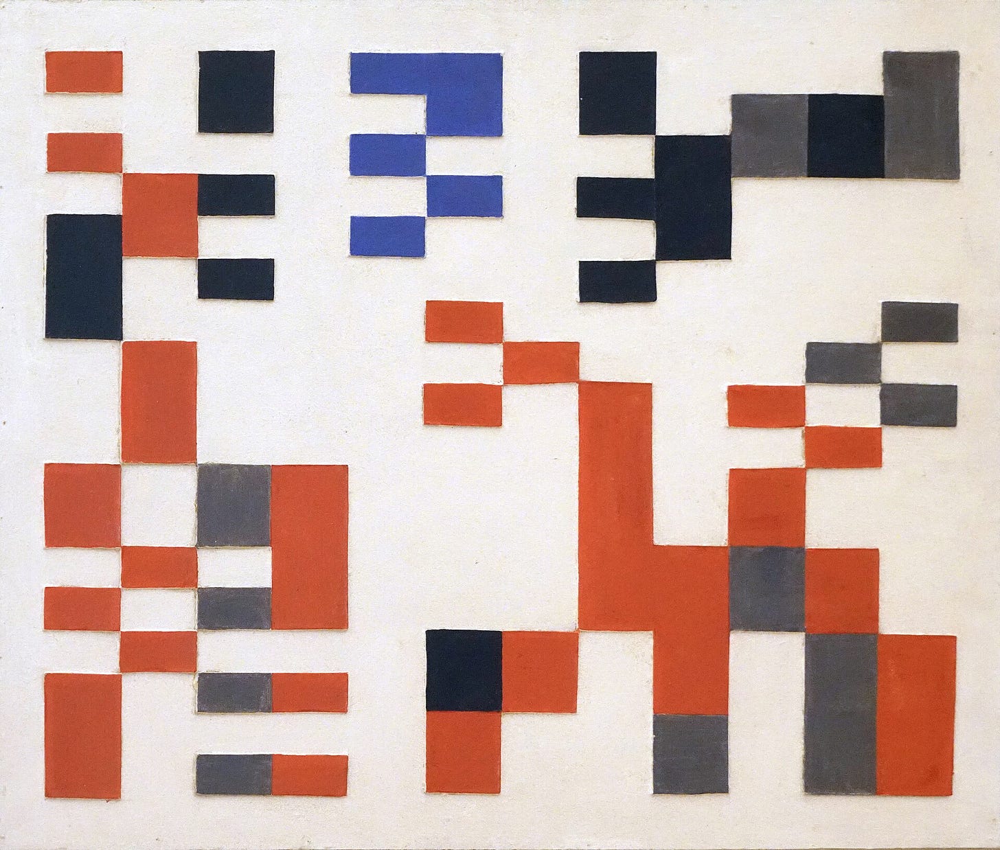 Abstract panel of interlocking colored rectangles designed for the Aubette in Strasbourg. Abstract panel of interlocking colored rectangles designed for the Aubette in Strasbourg.