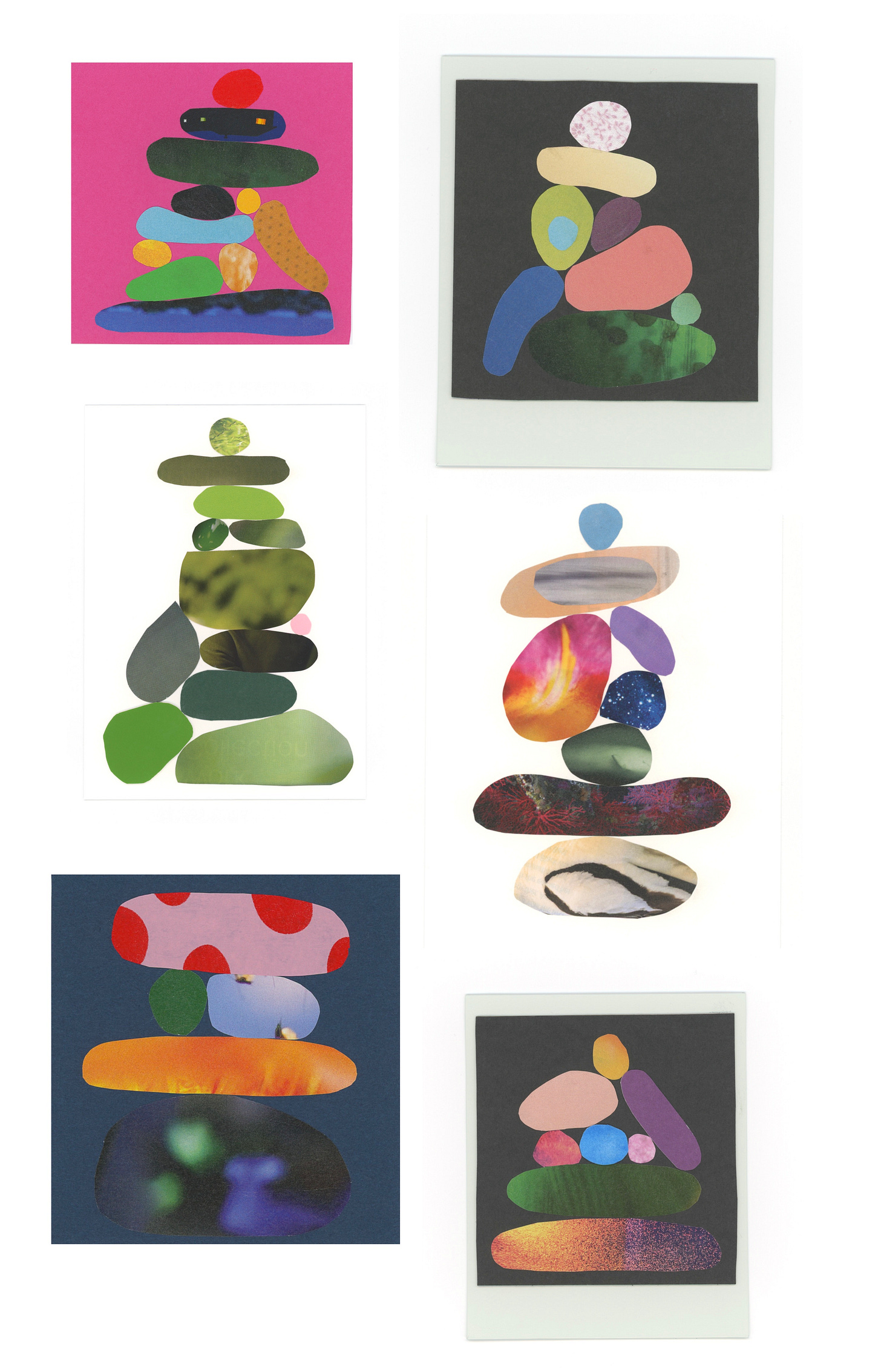 six collage cairns. one has a hot-pink background, two are done on top of polaroid pictures, two on white backgrounds, and one on navy. One is mostly green, with a single small petal pink "rock." all of them feature lots of colors and round shapes and I wish I had the energy and brain power to describe them all but I don't, I'm so sorry. 