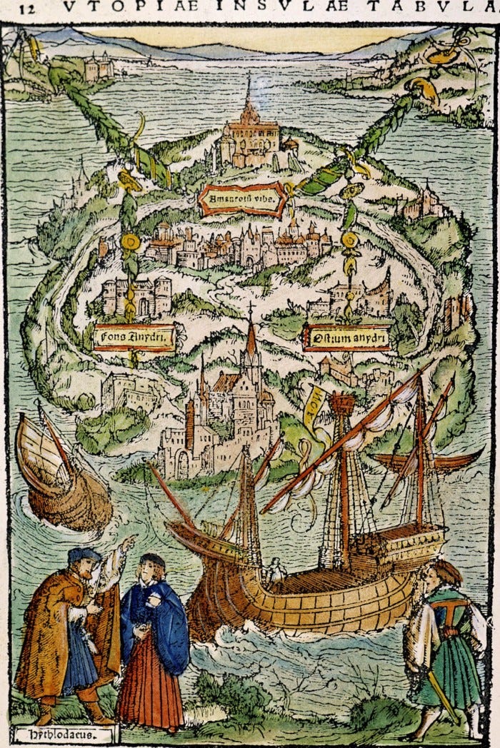 An illustrated map of Utopia, dated 1518,  In its foreground are two men are conversing, while a wooden galleon sets sail on the sea between them and the island territory 