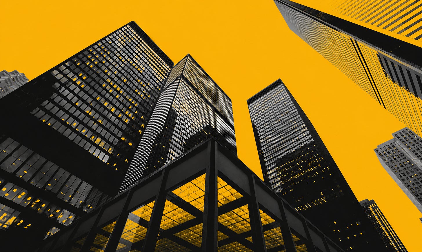 A stylised digital cityscape featuring towering skyscrapers rendered in grayscale against a bold yellow backdrop, reflecting the growing intersection between technology, finance, and the future of real estate ownership. Generated illustration created for Jamaica Homes.