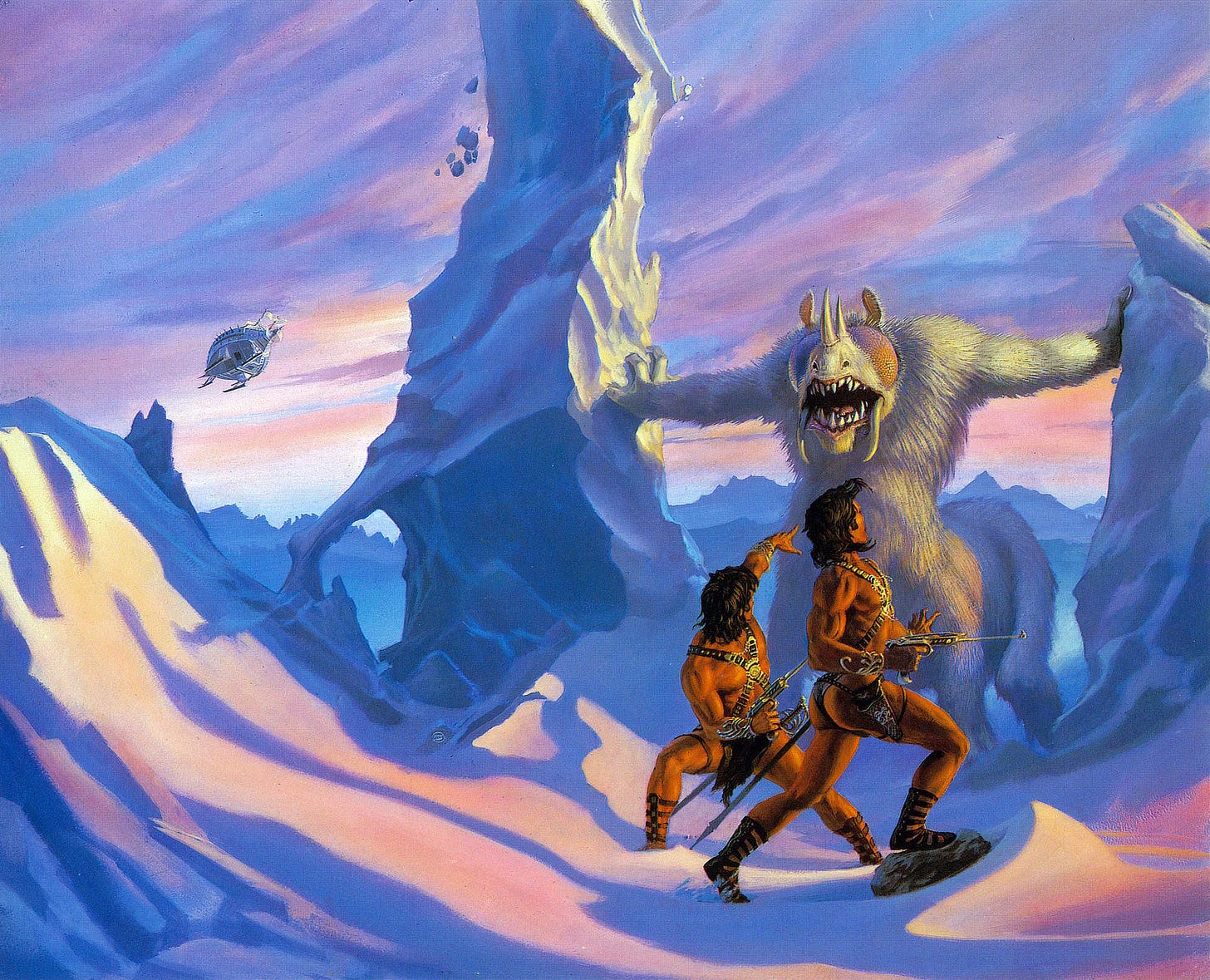 Two scantily clad Barsoomian men carrying laser pistols are caught by surprise on a polar landscape by a large wooly beast. The creature has a body like a yeti, covered all in white fur, but it's lower half is four-legged like a stocky pachyderm. It has large insectile eyes and rhino-like horns protruding from its snout. Two tusks extend from the corners of its mouth, which is open exposing uneven pointed teeth. Two scantily clad Barsoomian men carrying laser pistols are caught by surprise on a polar landscape by a large wooly beast. The creature has a body like a yeti, covered all in white fur, but it's lower half is four-legged like a stocky pachyderm. It has large insectile eyes and rhino-like horns protruding from its snout. Two tusks extend from the corners of its mouth, which is open exposing uneven pointed teeth.