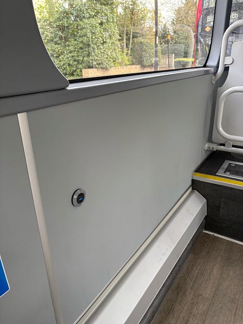 Photo 1: Wheelchair space with back rest Photo 2: USB socket in the wheelchair space Photo 3: Second USB socket