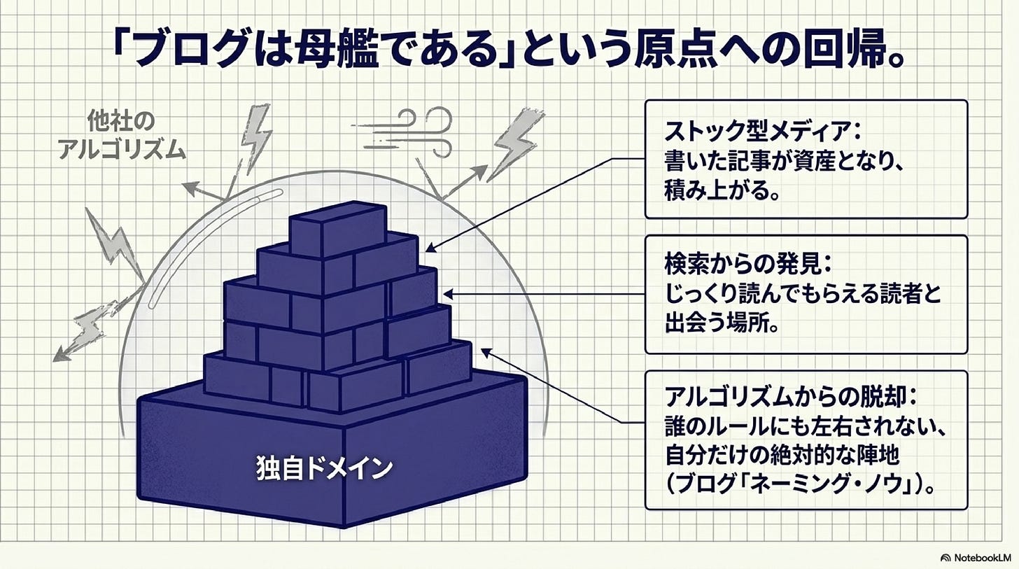 「ブログは母艦である」という原点への回帰と題した図解。中央に「独自ドメイン」と書かれたブロックの塔。左側から複数の雷マークが「他社のアルゴリズム」として矢印で示されているが、塔はそれをはね返している。右側に3つのボックスで「ストック型メディア:書いた記事が資産となり積み上がる」「検索からの発見:じっくり読んでもらえる読者と出会う場所」「アルゴリズムからの脱却:誰のルールにも左右されない自分だけの絶対的な陣地(ブログ『ネーミング・ノウ』)」と記載。 「ブログは母艦である」という原点への回帰と題した図解。中央に「独自ドメイン」と書かれたブロックの塔。左側から複数の雷マークが「他社のアルゴリズム」として矢印で示されているが、塔はそれをはね返している。右側に3つのボックスで「ストック型メディア:書いた記事が資産となり積み上がる」「検索からの発見:じっくり読んでもらえる読者と出会う場所」「アルゴリズムからの脱却:誰のルールにも左右されない自分だけの絶対的な陣地(ブログ『ネーミング・ノウ』)」と記載。