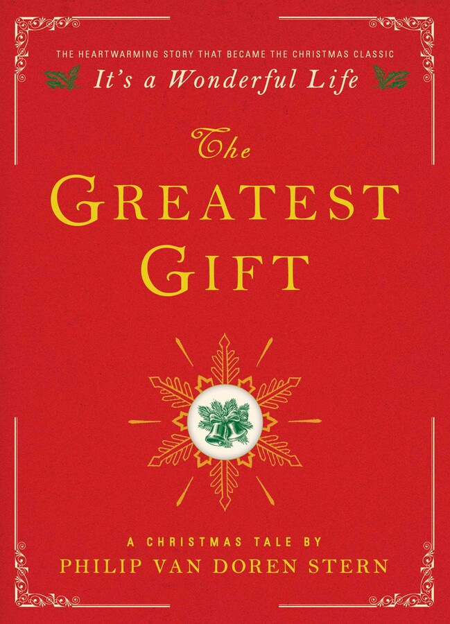 Red orange book cover has a small green illustration in the center: two Christmas bells attached with a bow and holly on top, set against a little white circle and surrounded by a yellow illustration of a snowflake