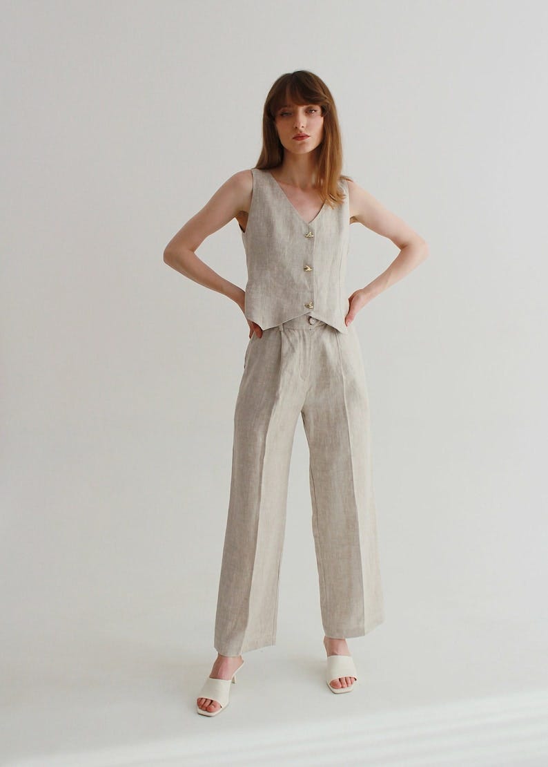 Linen two piece set, women waistcoat, linen pants for women, linen pants, linen suit, linen set, linen set, linen top, high waisted pants image 1