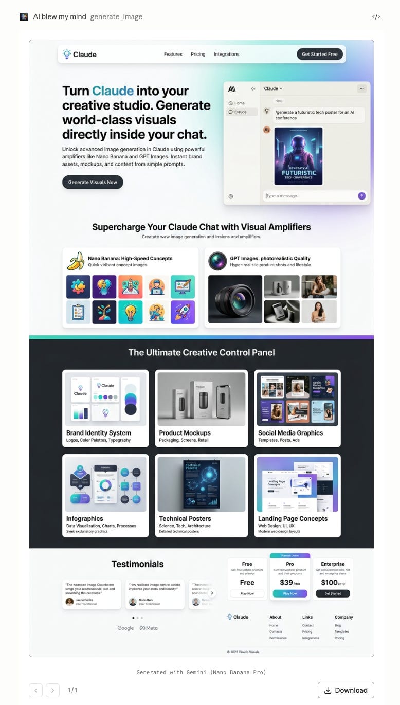 AI-generated landing page concept created with Gemini Nano Banana Pro showing a fictional Claude-based visual generation platform with AI image amplifiers. The page features a clean white interface with gradient lighting, a large hero headline about turning Claude into a creative studio, a chat-style AI interface mockup, feature cards for Nano Banana and GPT Images, creative workflow sections, infographic examples, technical poster previews, landing page concepts, testimonials, and pricing cards. The design uses modern SaaS UI styling with rounded cards, pastel gradients, dark feature sections, and editorial product showcase aesthetics.